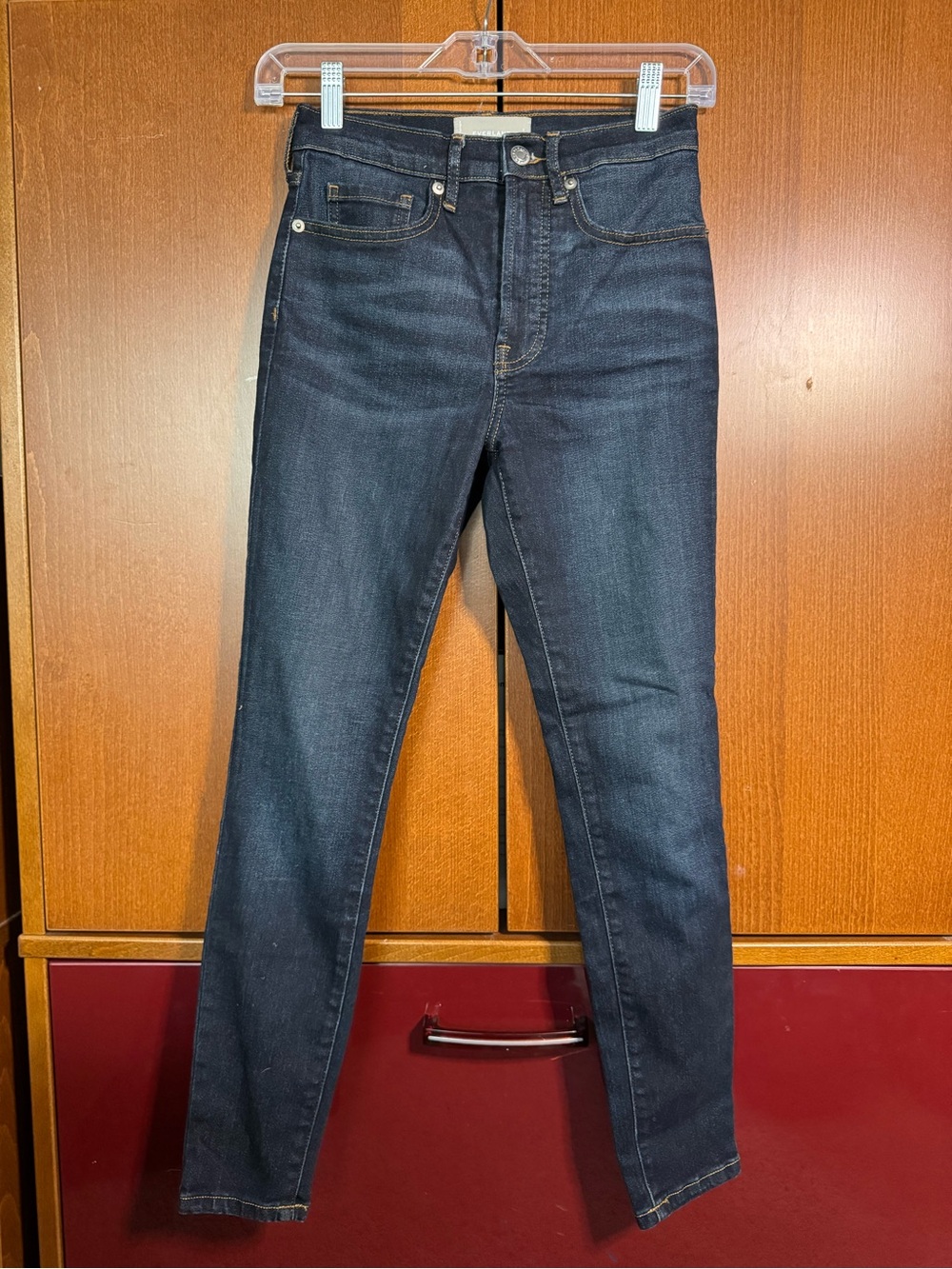 Everlane High Rise Skinny Jeans in Dark Indigo with Contrast Stitching